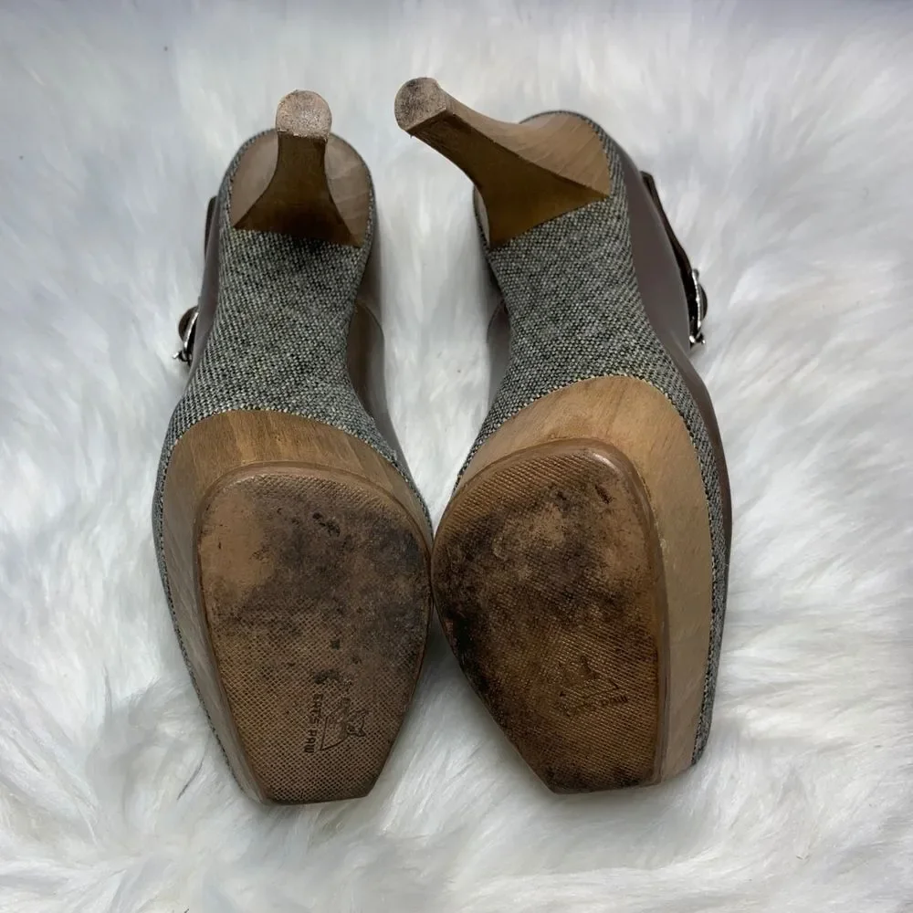Marni Scarpa Wood Platform Tweed/Leather Platform Pumps‎